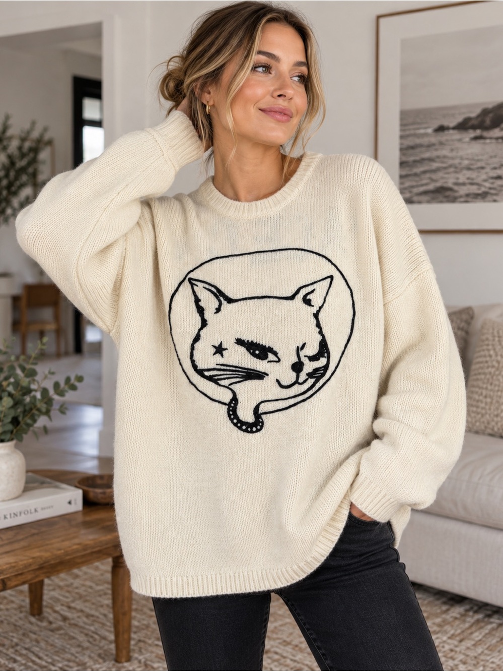 Spirit Jersey Space Cadet Cat Graphic Knit Sweater Cream NWT Small Oversized
